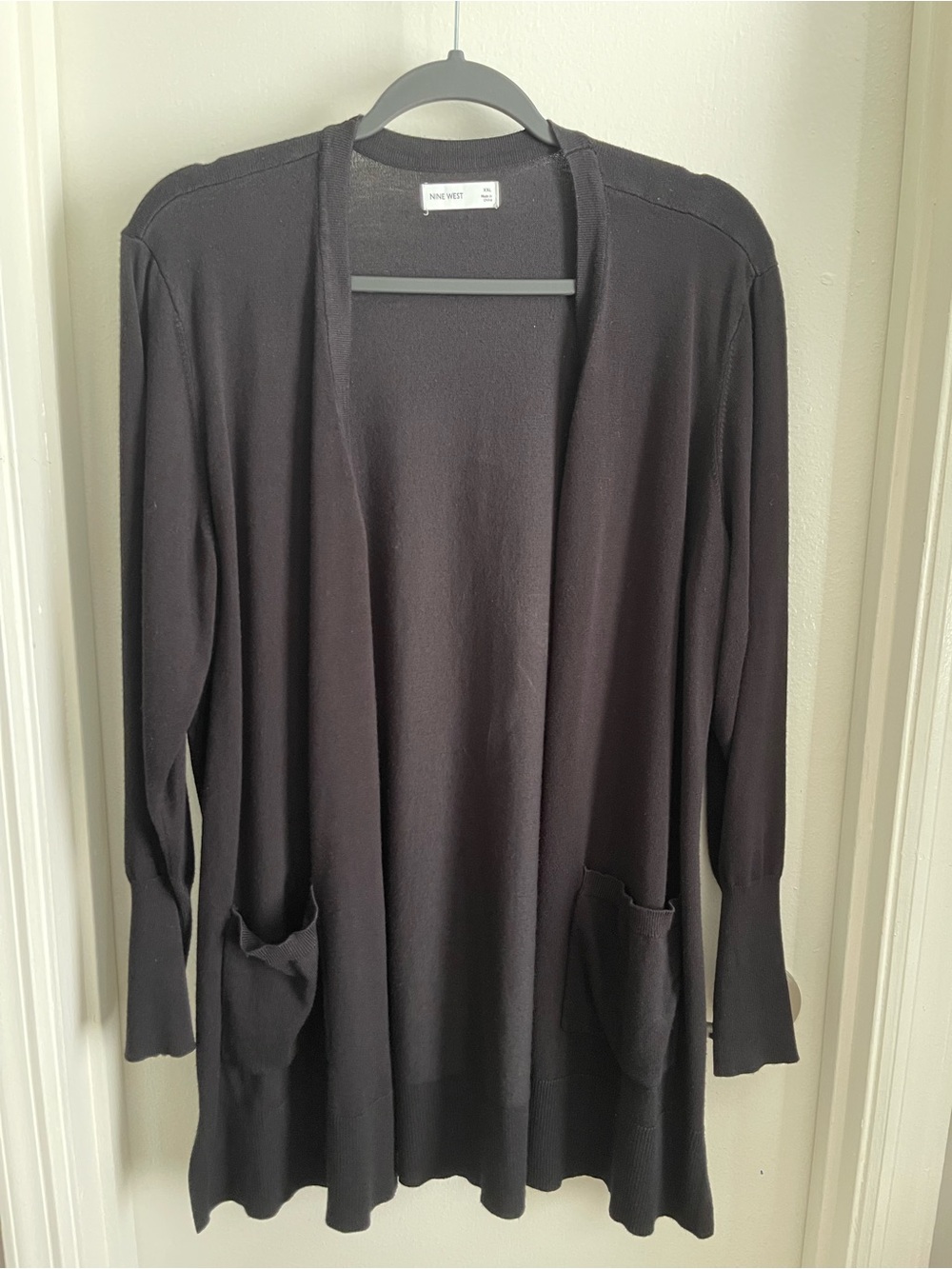Nine West Black Open-Front Long Cardigan Sweater with Pockets
